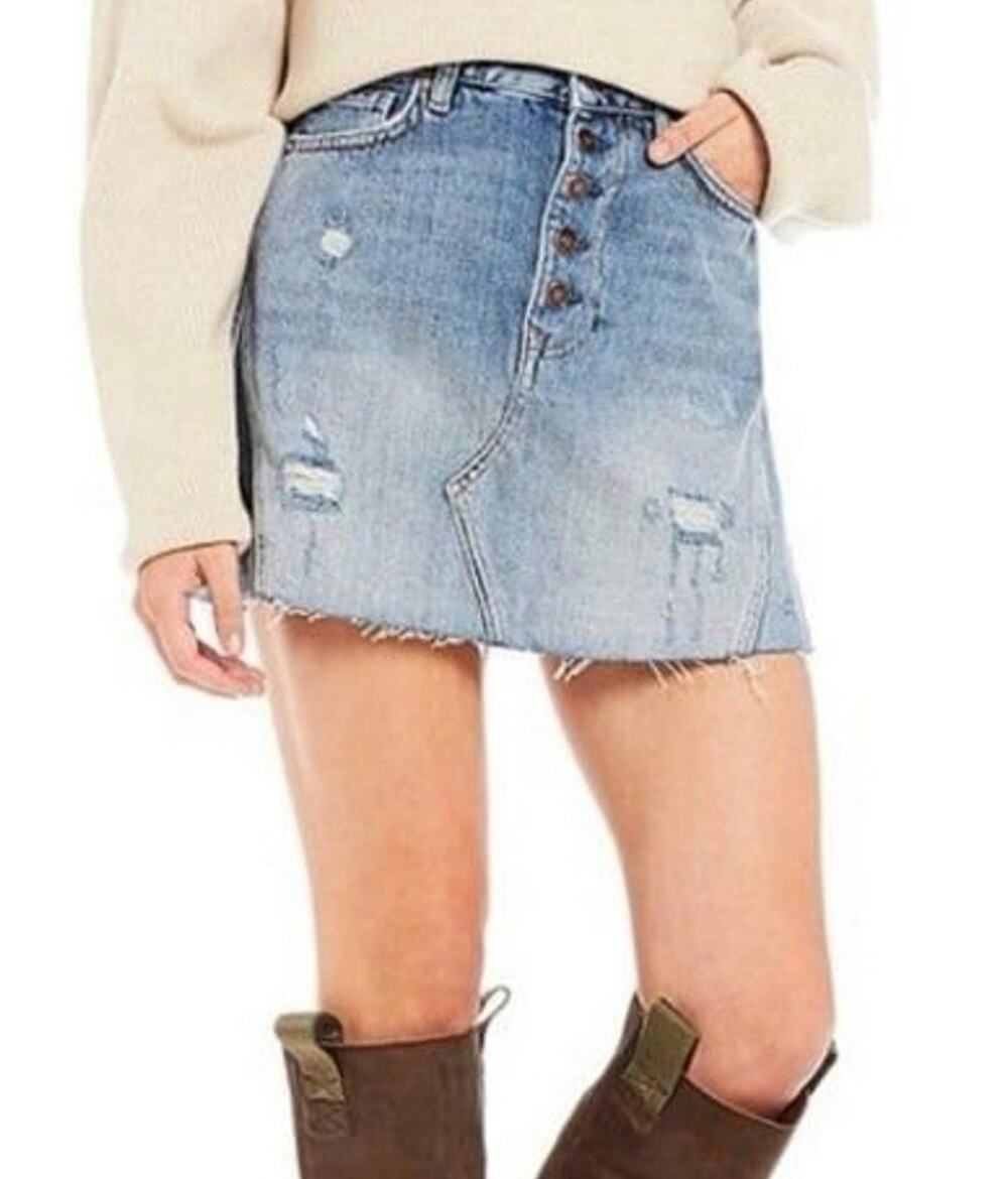 We The FREE PEOPLE Destroyed Button Denim A-Line Mini Skirt Raw Hem 25